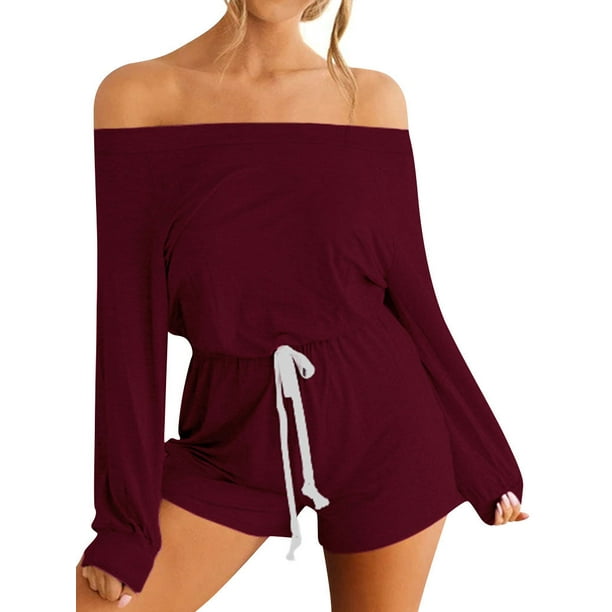 Lucuna Womens Off Shoulder Solid Color Long Sleeve Loose Pants with Drawstring Jumpsuit Lucuna Womens Off Shoulder Solid Color Long Sleeve Loose Pants with Drawstring Jumpsuit